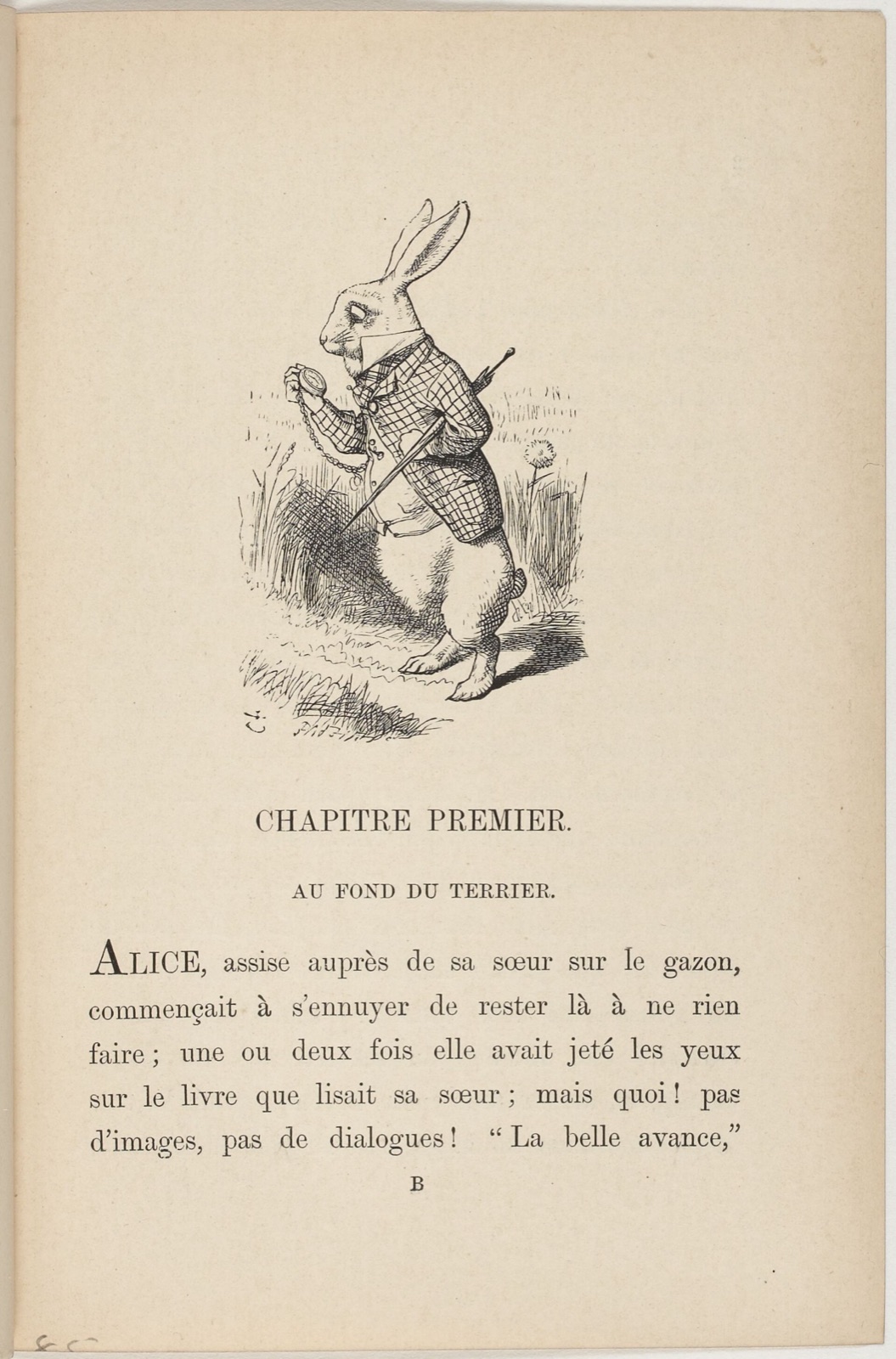 Página escaneada de la edición francesa de 1869 de Alice, con el Conejo Blanco y el comienzo del capítulo primero