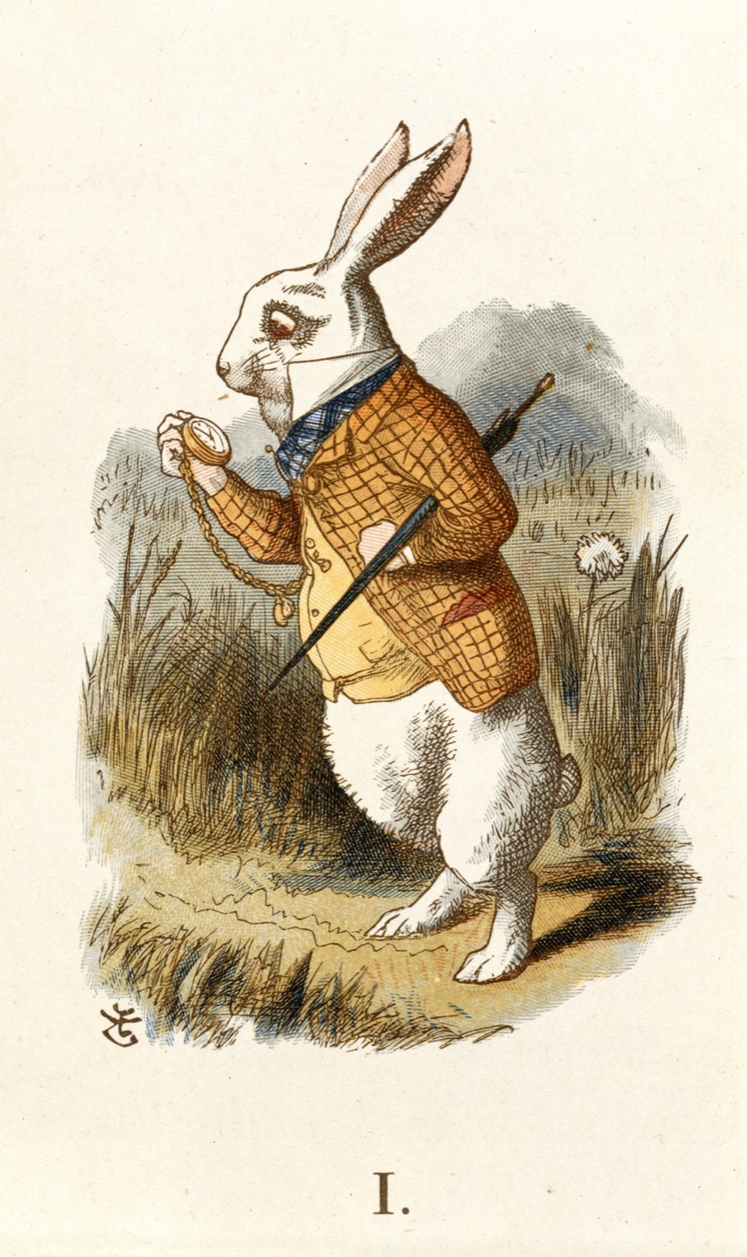 El Conejo Blanco mira su reloj de bolsillo, ilustración coloreada de John Tenniel